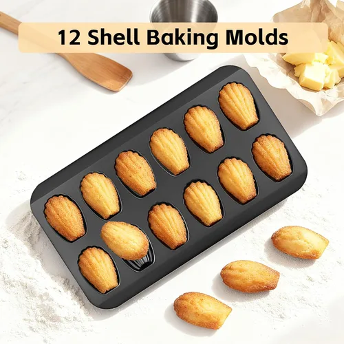 Miniatura 4 de Madeleines 12 Cavity Madeleine Baking Mould Carbon Steel with Non-Stick Coating for Oven Baking Chocolate Brownies Biscuits, Black
