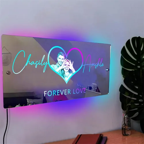 Miniatura 12 de Espejo de barra de nombre LED personalizado, letreros de neón iluminados para decoración de pared para bar en casa, día de San Valentín y regalos