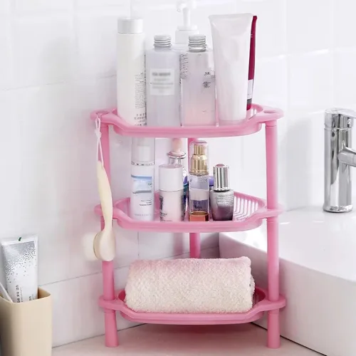 Miniatura 3 de Organizador de ducha de 3 niveles, estante esquinero de plástico rosa, estante de escritorio multifuncional hueco para escritorio, organizador