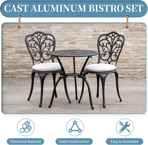 Miniatura 2 de Juego de 3 piezas de mesa de bistró para exteriores, juego de mesa de bistró para todo tipo de clima, juego de 2, muebles de comedor de patio