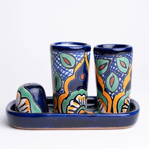 Miniatura 8 de Juego de vasos de chupito de tequila Talavera con bandeja y salero (juego de 2) - Diseño de flores verdes - Juego de regalo mexicano auténtico Flor