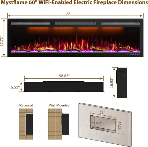 Miniatura 5 de Chimenea Eléctrica Habilitada para WiFi Empotrada y Montada en la Pared, Calentador de Chimenea Eléctrica Delgada de 60 Pulgadas, 750/1500W