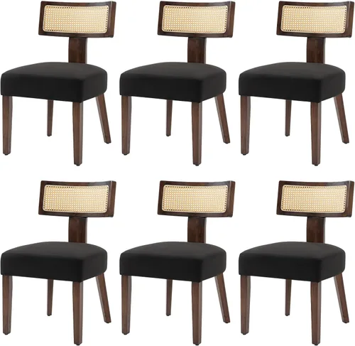 Miniatura 16 de Juego de 4 sillas de comedor, sillas de cocina de tela tapizada en madera, silla acolchada de lino sin brazos con respaldo curvo acentuado