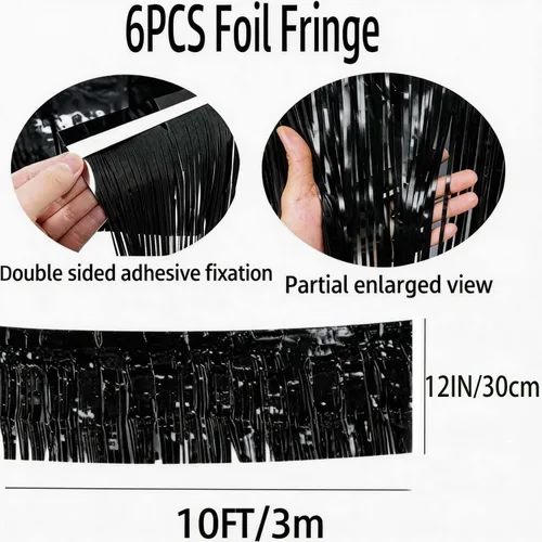 Miniatura 5 de Guirnalda de flecos de papel de aluminio negro, 6 piezas de 10 pies, cortina colgante de oropel metálico con purpurina para desfiles, flotadores
