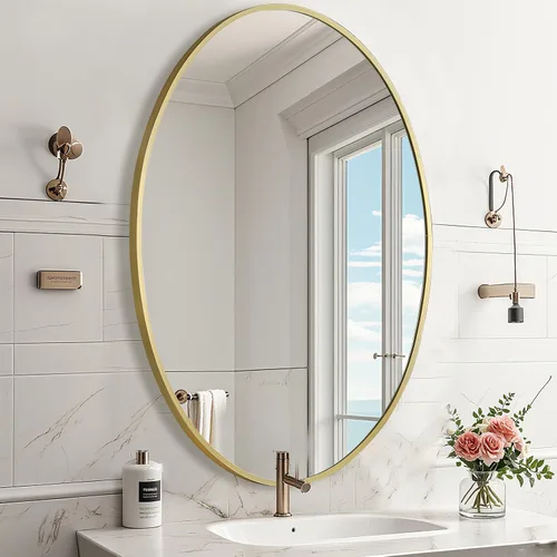 Miniatura 12 de Espejo ovalado dorado para baño, espejo de baño ovalado de 20 x 28 pulgadas con marco de metal cepillado, espejo de tocador decorativo montado