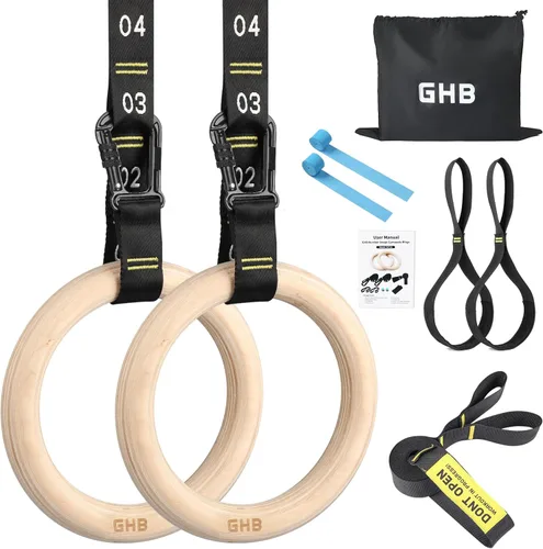 Miniatura 10 de GHB Anillos de gimnasia de madera, anillos olímpicos de 1.25 pulgadas, correas ajustables, juegos de anillos para entrenamiento, peso corporal