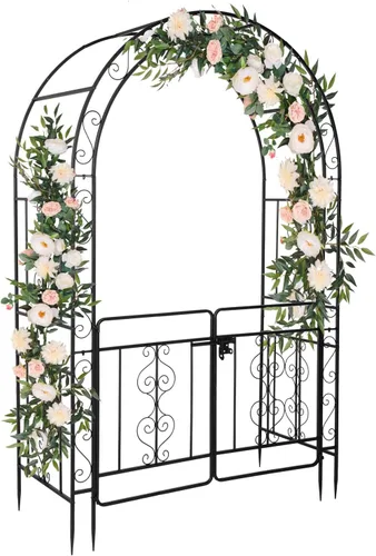 Outvita - Arco de jardín de 7 pies con puerta de entrada, enrejado de metal resistente, marco decorativo con estacas de tierra para ceremonia de