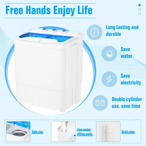 Miniatura 5 de Superday Lavadora portátil, lavadora pequeña de 18 libras y secadora giratoria, mini máquina de lavandería de doble tina para campamento, Azul