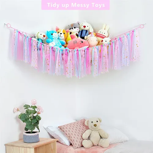 Miniatura 6 de Hamaca de almacenamiento de red de animales de peluche con luces LED, borlas coloridas, hamaca colgante de juguetes de peluche, organizador para Rosa