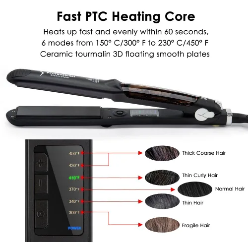 Miniatura 3 de Plancha de pelo profesional de turmalina de cerámica 2 en 1, plancha de pelo ajustable 300-450F, calor de salón, 110-220 V de doble voltaje