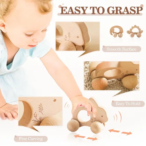 Miniatura 4 de let's make Sonajero de madera para bebé, 3 piezas, juego de sonajero de ganchillo, juguete Montessori de madera para recién nacidos, regalos de bebé