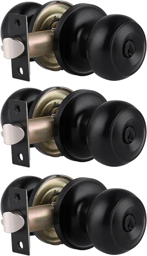 Miniatura 8 de Gobrico Paquete de 2 pomos para puerta exterior con llave negra mate, pomo de puerta de entrada, cerraduras de puerta de bola plana con la misma
