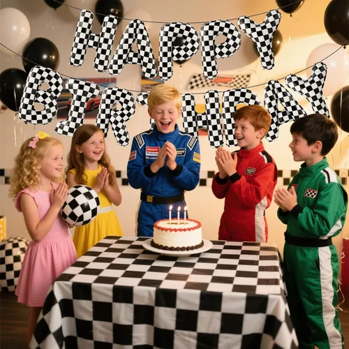 Miniatura 5 de Globo de cartel de feliz cumpleaños con temática de auto de carreras, decoración de fiesta de carreras a cuadros en blanco y negro, suministros