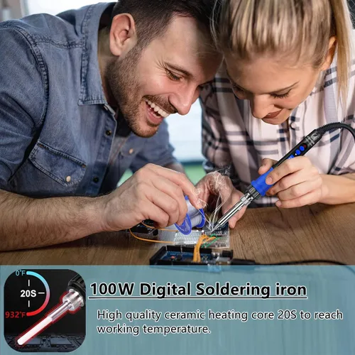 Miniatura 2 de Kit de soldador, soldador digital LCD de alta potencia de 100W, kit de soldadura para reparación de placas de circuito con lupa y manos de ayuda