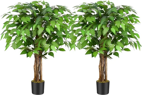 Miniatura 8 de Árboles artificiales de ficus de 3 pies con troncos naturales curvados, árbol exuberante de 36" de altura, árbol falso de ficus realista en verde
