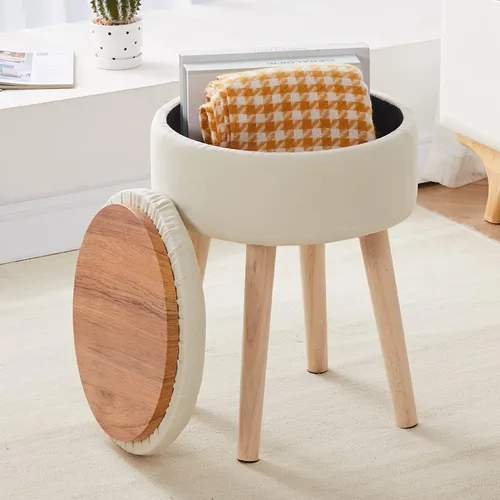 Miniatura 11 de Otomana de Almacenamiento Taburete, Taburete de Tocador Redondo de Terciopelo Teddy, Taburete con Bandeja Superior y Patas de Madera, Otomana