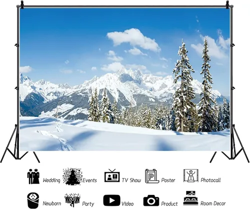 Miniatura 2 de Renaiss Telón de fondo de paisaje de nieve de invierno de 5 x 3 pies, montañas nevadas, pinos cubiertos de bosque, campo de nieve, paisaje natural
