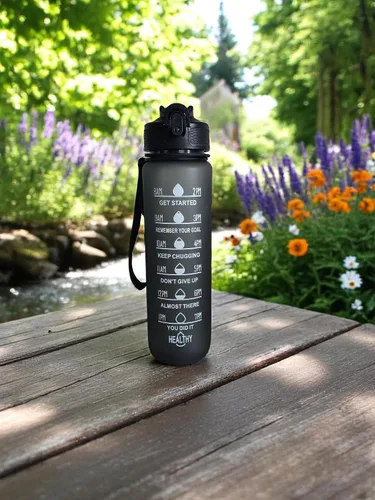 Miniatura 2 de Botella de agua deportiva con marcador de tiempo, 32 onzas, seguimiento motivacional, sin BPA, azul, verde y negro (negro)