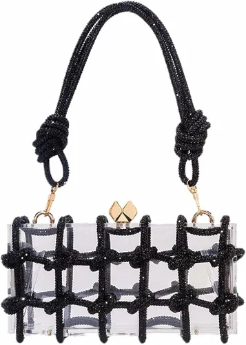 DJBM Bolso de noche de acrílico transparente con diamantes de imitación brillantes, adornado con cristales con purpurina, nudo de cuerda, bolso para