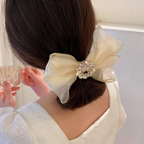Miniatura 2 de Jumwrit Pinza para el pelo con lazo grande, pasador de pelo con diamantes de imitación, sujeción fuerte, lazo de malla para el cabello, accesorios