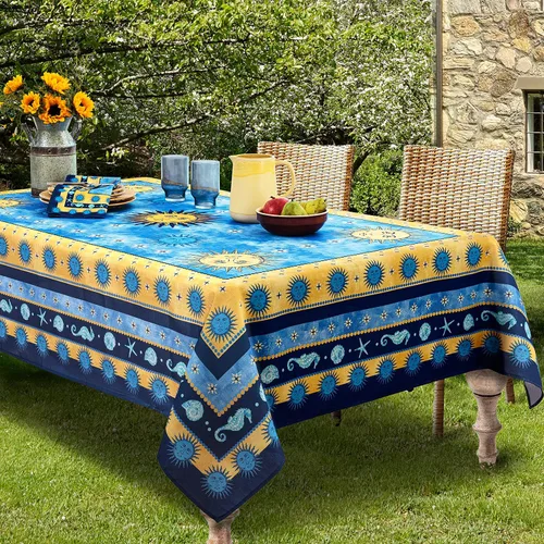 Miniatura 2 de Home Bargains Plus Mantel rectangular de tela mediterránea con sol azul de 60 x 120 pulgadas, diseño de borde de medallón costero, resistente a