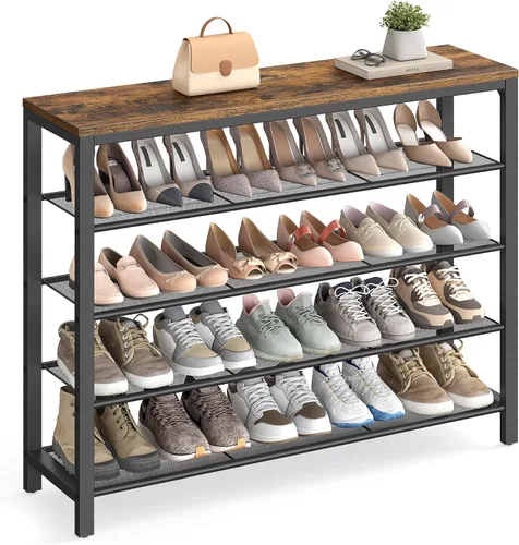 Miniatura 10 de VASAGLE Zapatero de 4 niveles, organizador grande de almacenamiento de zapatos para armario, entrada, 15-20 pares, con 3 estantes de malla metálica
