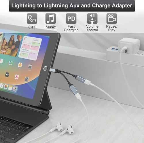 Miniatura 2 de Adaptador divisor de corriente 2 en 1 para iPhone a conector Lightning dual para auriculares y cargador de audio, videollamada, música, carga, HiFi