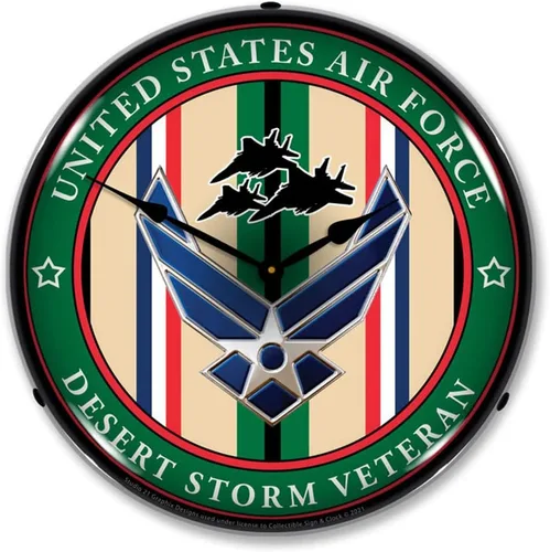 Air Force Veteran Operation Desert Storm - Reloj de pared LED, diseño de parche militar, iluminado de 14 pulgadas