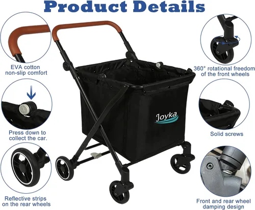 Miniatura 7 de Carrito de compras plegable de 85 litros con bolsa refrigeradora, carrito de compras con mayor capacidad, ruedas giratorias delanteras giratorias