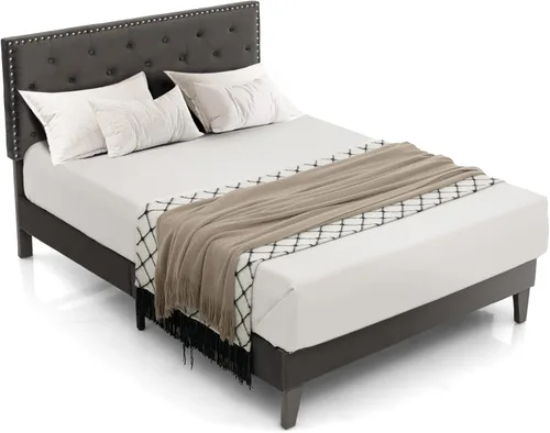 Miniatura 8 de KOMFOTT Base de cama tapizada tamaño matrimonial, base de cama de plataforma con cabecera copetuda y estribo acolchado suave, base de colchón