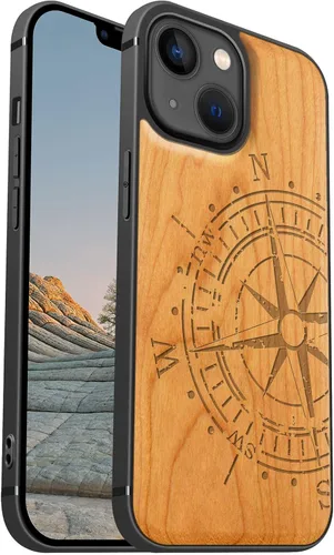 Miniatura 14 de Carveit Funda magnética de madera para iPhone 13 [madera real dura y TPU suave] Funda protectora híbrida de madera única y elegante a prueba