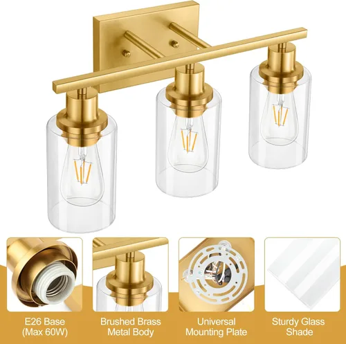Miniatura 4 de Lámparas de pared doradas para baño de latón cepillado, lámparas de pared modernas de 3 luces con apliques de vidrio transparente, lámpara de pared