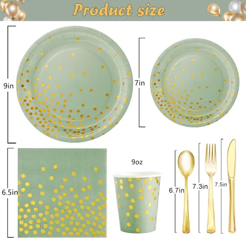 Miniatura 2 de 175 platos y servilletas de color verde salvia, suministros para fiestas, platos de papel verde salvia para 25 invitados, juegos de platos Verde