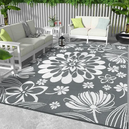 Miniatura 30 de Ileading Alfombra de paja de plástico para exteriores, 5 x 8 pies, divertido estilo floral, reversible, impermeable, no se desprende, alfombras