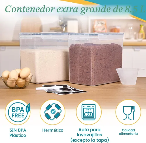Miniatura 3 de Vtopmart Paquete de 2 recipientes de almacenamiento de harina y azúcar extra grandes de 8.5 litros para harina de 20 libras, recipientes herméticos