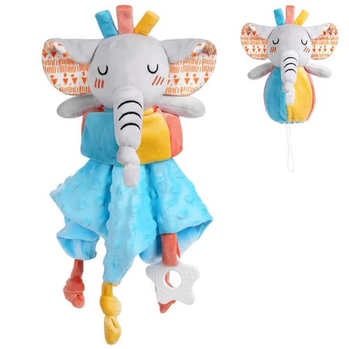 Vicloon Manta de seguridad de elefante para bebé, 3 en 1, con etiquetas y mordedor, juguete para acurrucarse para recién nacido, unisex para Azul