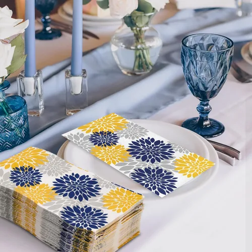 Miniatura 4 de 80 servilletas de papel de Dalia para invitados, azul marino, amarillo, plateado, flores, servilletas de baño, modernas y elegantes, desechables