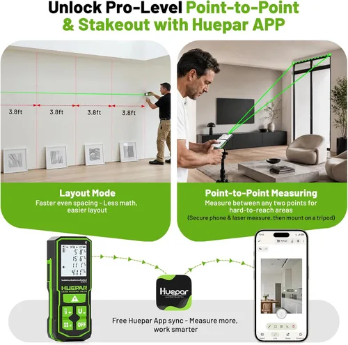 Miniatura 3 de Herramienta de medición láser con aplicación Bluetooth, 200 pies, ± 1/16 pulgadas de alta precisión, medidor de distancia láser de haz verde