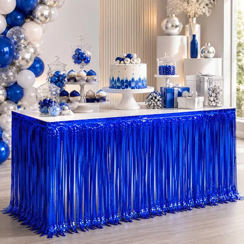 Miniatura 12 de Faldas de mesa de oropel de papel metálico con flecos para mesas rectangulares, cortinas de serpentina, telón de fondo para cumpleaños, boda