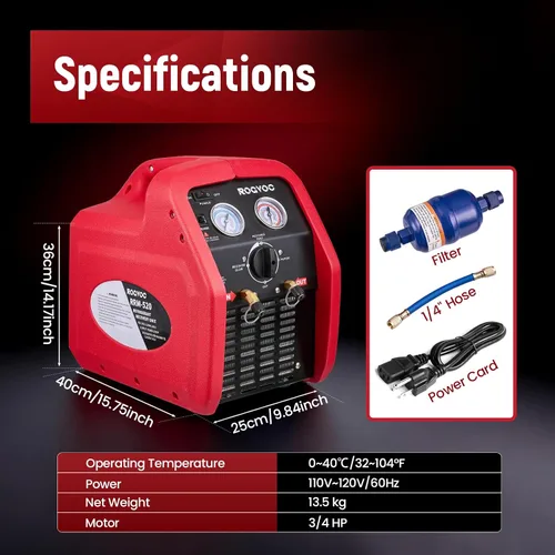 Miniatura 5 de Máquina de recuperación de refrigerante 3/4HP, 110-120V 60Hz Máquina portátil de recuperación de CA de un solo cilindro con protección de alta