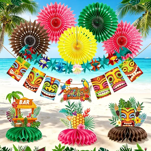 Paper Jazz Decoraciones de fiesta hawaiana para cumpleaños, decoración de fiesta tropical para Tiki Bar, pancarta de Aloha con centro de mesa Luau,