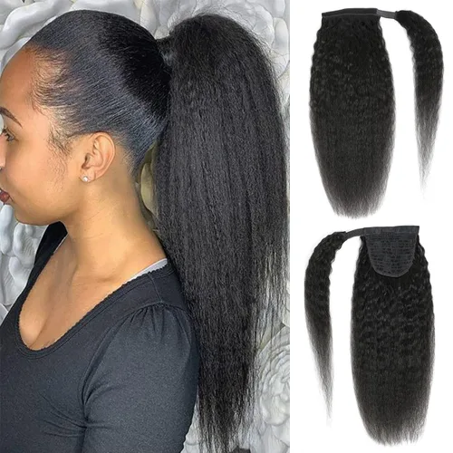 Miniatura 30 de Extensiones de pelo rizado con cordón para cola de caballo, extensiones de cabello humano para mujer con dos clips 1B# 120g/set (71cm)