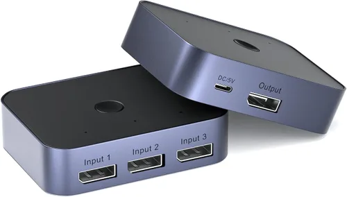 Y.D.F Conmutador DisplayPort 8K @60Hz 3 en 1 Salida DP1.4 32.4Gbps Caja de conmutación de transferencia de datos Soporte de aluminio 4K @120Hz HDR