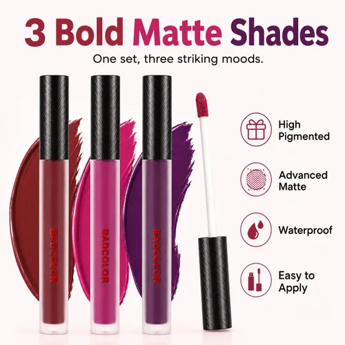 Miniatura 2 de Juego de lápiz labial líquido mate BADCOLOR de 3 colores, maquillaje de Halloween en púrpura, burdeos y rosa roja, juego de brillo labial de alta