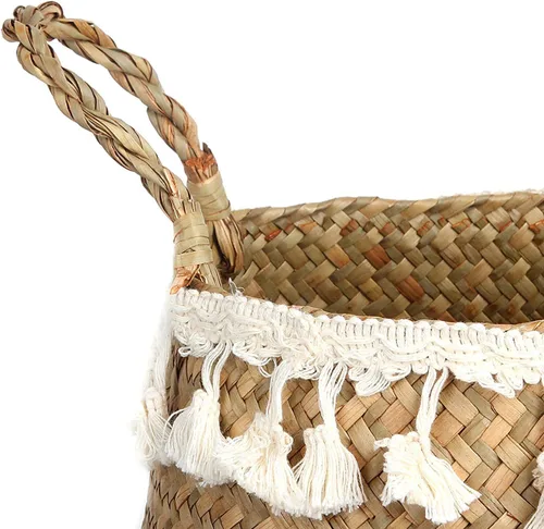 Miniatura 4 de Cesta de Barriga de Hierba Marina Tejida de Macramé con Borlas para Almacenamiento, Decoración, Lavandería, Picnic, Cubierta de Maceta, Comestibles