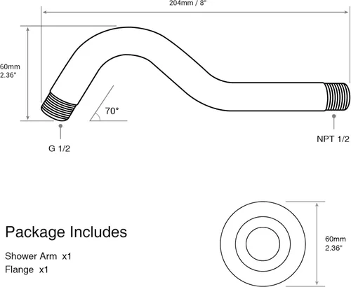 Miniatura 7 de Brazo de ducha curvado en forma de S de 8 pulgadas con brida, brazo de tubo de extensión de cabezal de ducha de acero inoxidable, montaje en pared