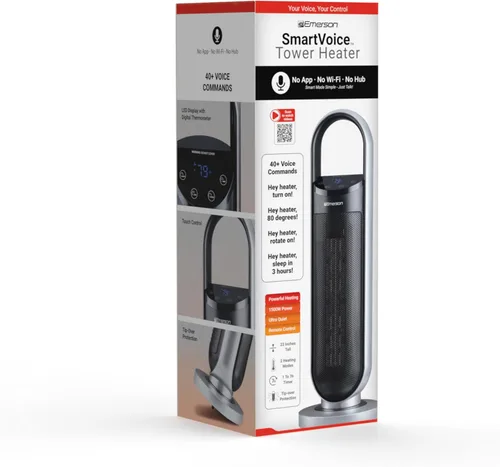 Miniatura 9 de Emerson SmartVoice - Calentador de espacio en torre de 23 pulgadas, control de voz sin conexión, calentamiento rápido de 1500 W, oscilación de 65°