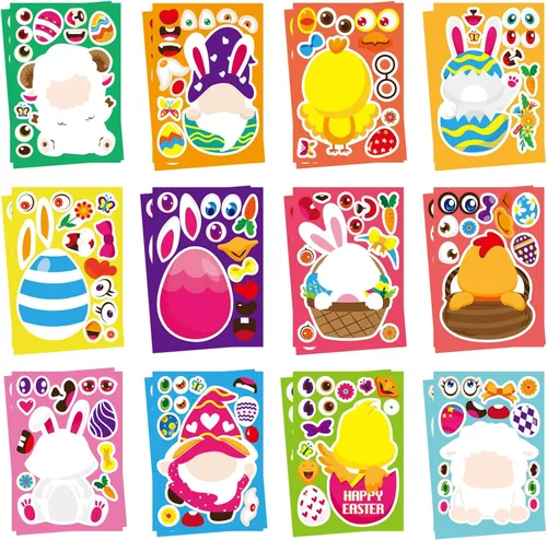 Miniatura 16 de 36 Hojas de Pegatinas de Pascua para Niños, Relleno para Cesta de Pascua, Pegatinas para Hacer Caras, Crea tus Propias Pegatinas de Animales