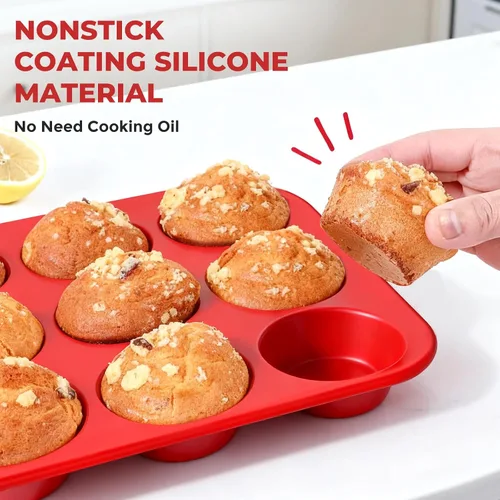 Miniatura 5 de Molde de silicona para muffins para hornear: Molde para muffins de 12 cavidades con marco reforzado de metal, moldes de tamaño regular para cupcakes
