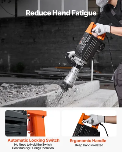Miniatura 7 de VEVOR Martillo de demolición Jack Hammer, MAX 2200W Martillo eléctrico resistente, rompedor de concreto 1350 BPM 2 piezas de cinceles para astillas